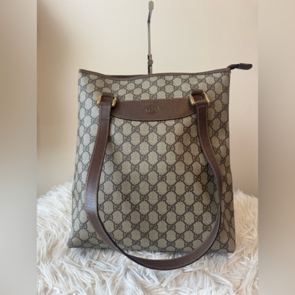 GUCCI GG INTERLOCKING Supreme Tote Bag Beige BROWN Gold Authentic